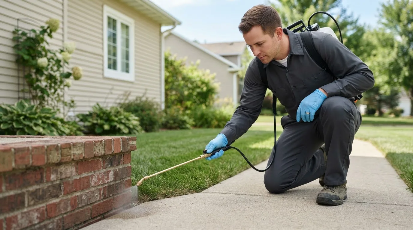 Pest control technician treating a home near Nobleboro, ME