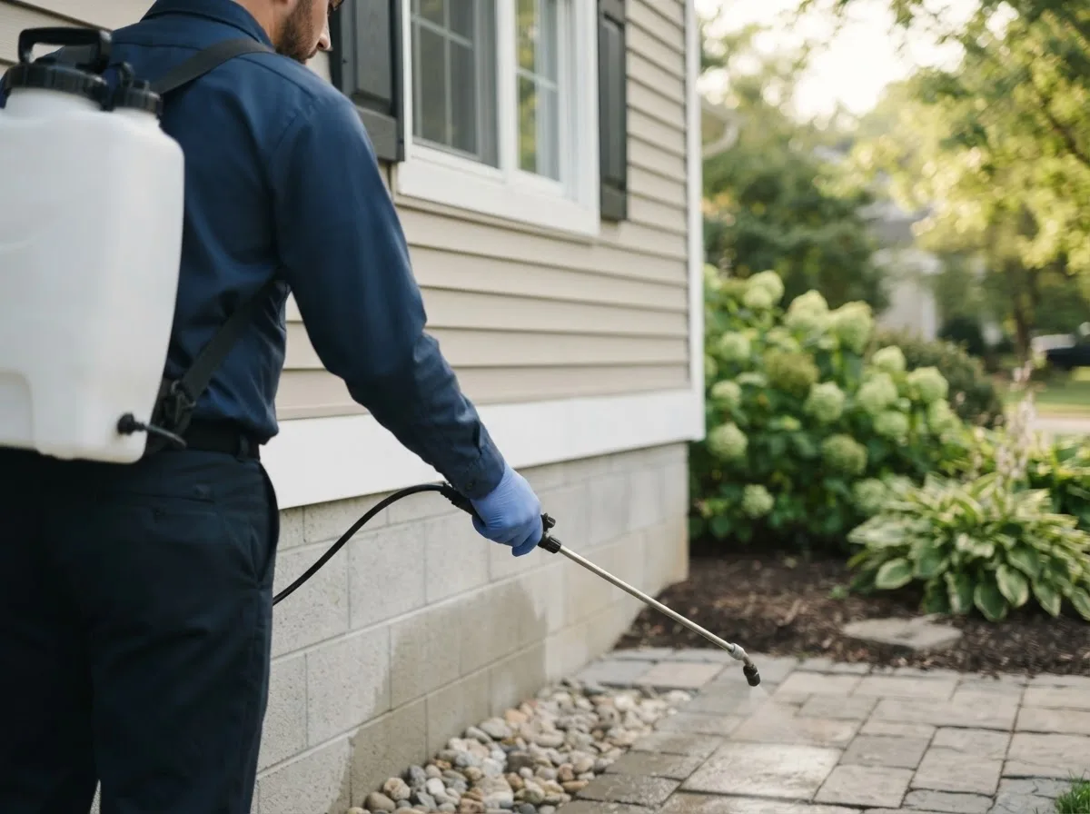 Pest control technician inspecting a home in Nobleboro, ME